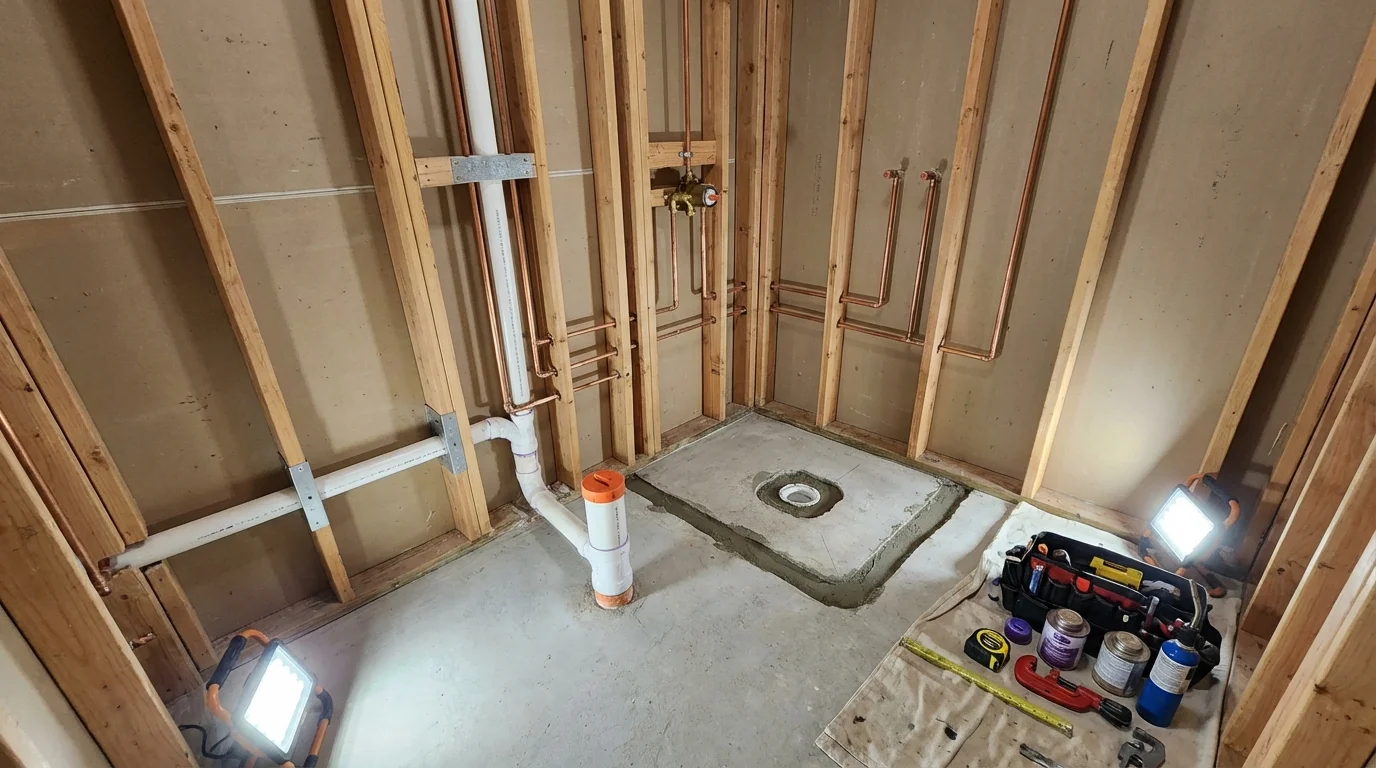 Bathroom rough-in plumbing during remodel by Johns Plumbing LLC in Holliston