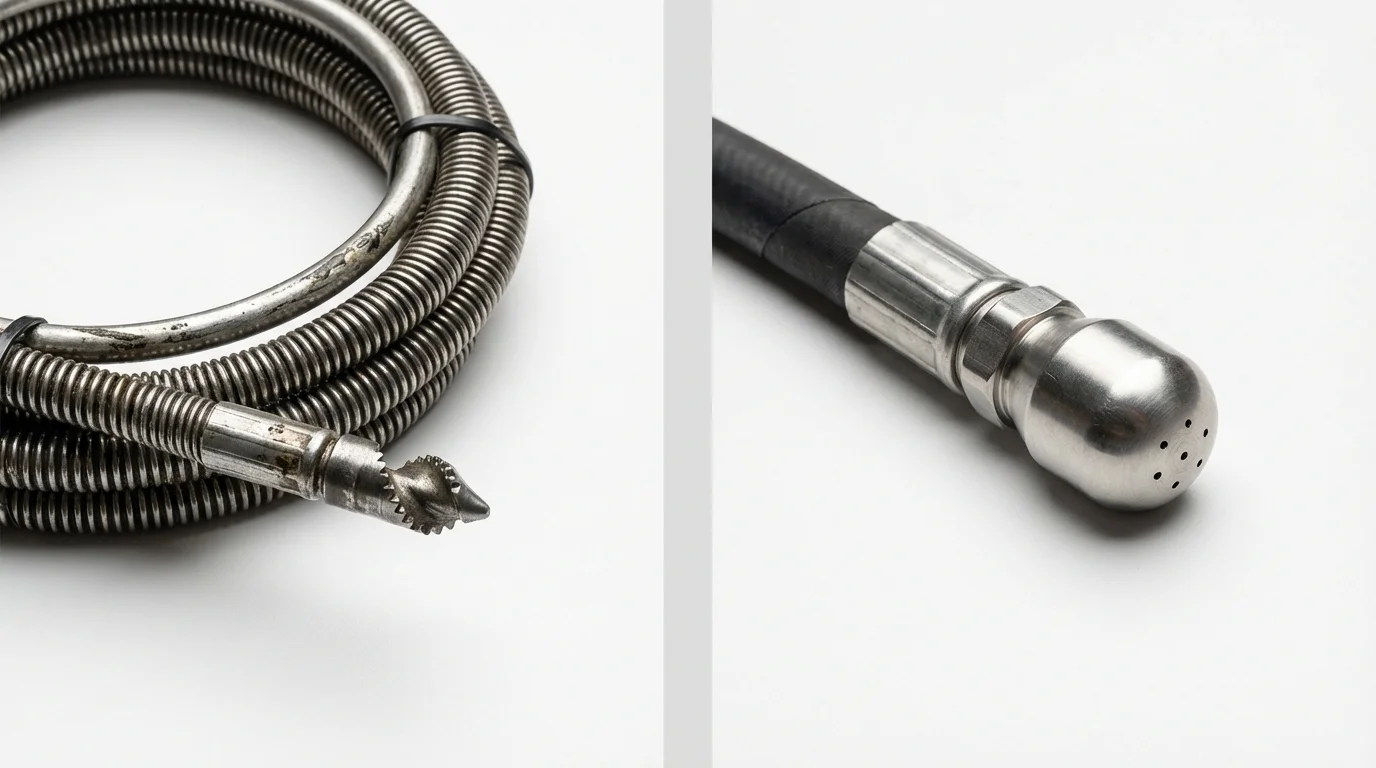 Drain snake cable and hydro jetting nozzle used for drain cleaning in Holliston, MA