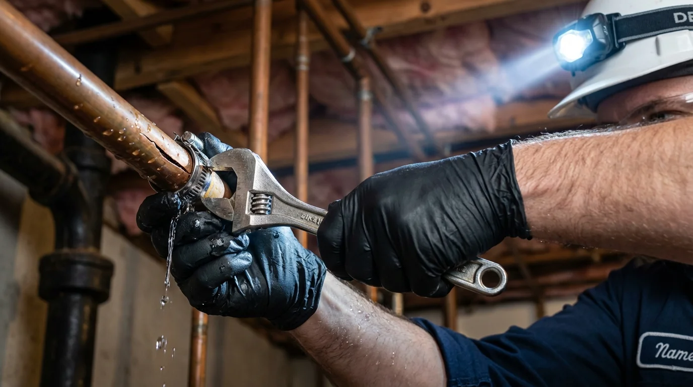 Emergency pipe clamp repair being performed by a Johns Plumbing LLC plumber in Holliston