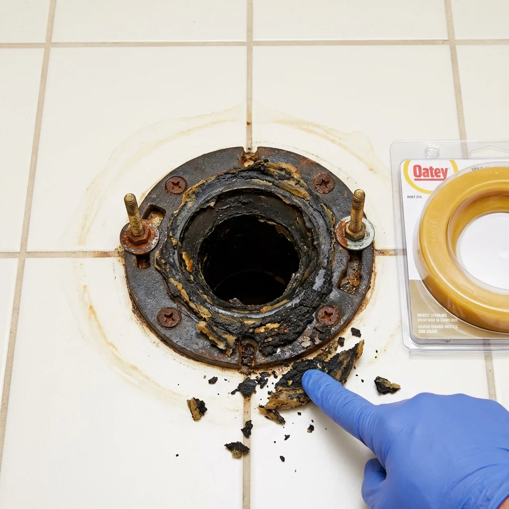 Failed wax ring showing water seepage at the base of a toilet in a Holliston, MA home