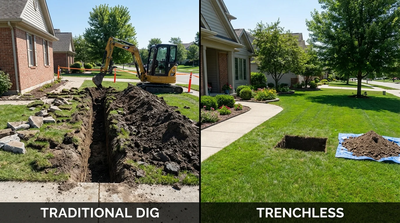 Trenchless sewer repair with minimal yard damage versus traditional excavation in Holliston, MA